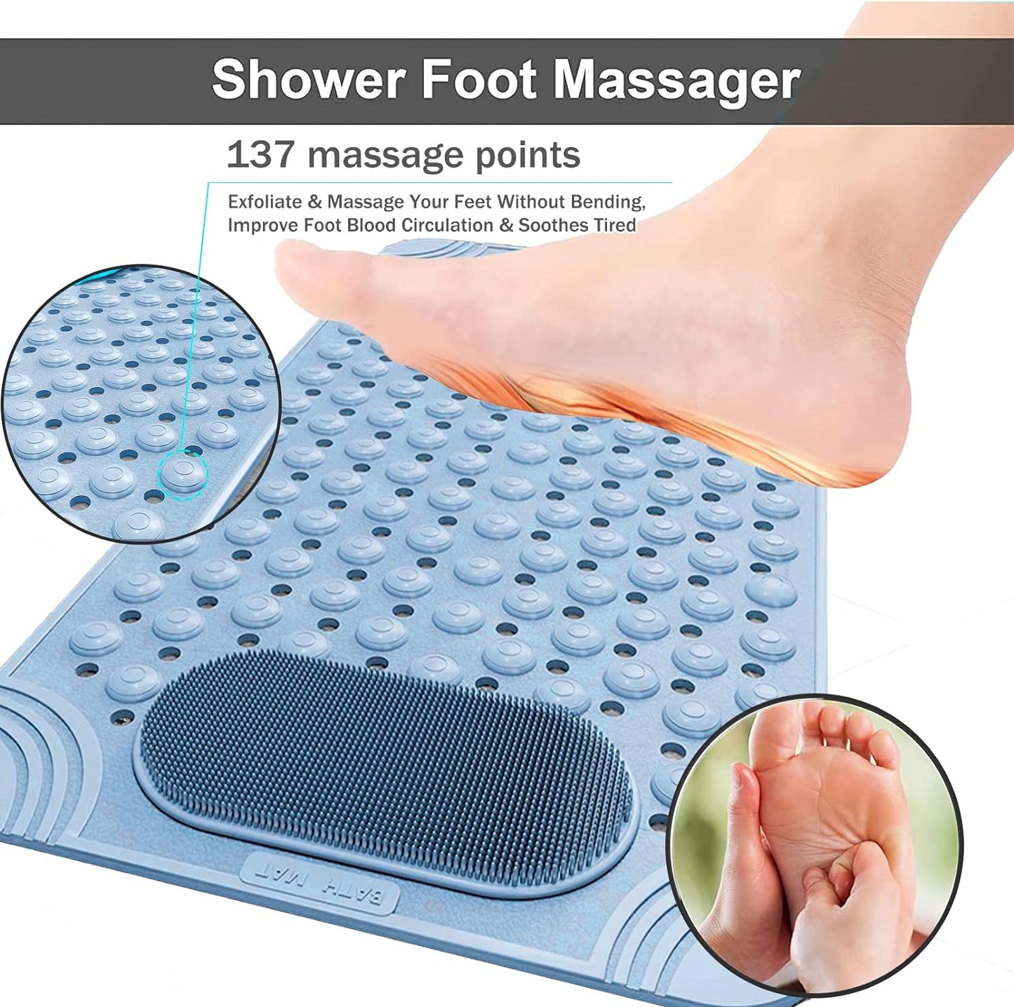 Bathtub Mat Non-Slip Shower Mat with Drain Holes Suction Cups, Quick Drying Easy Cleaning, Feet Massage, Bath Mat for Tub & Shower Stall & Bathroom, Machine Washable