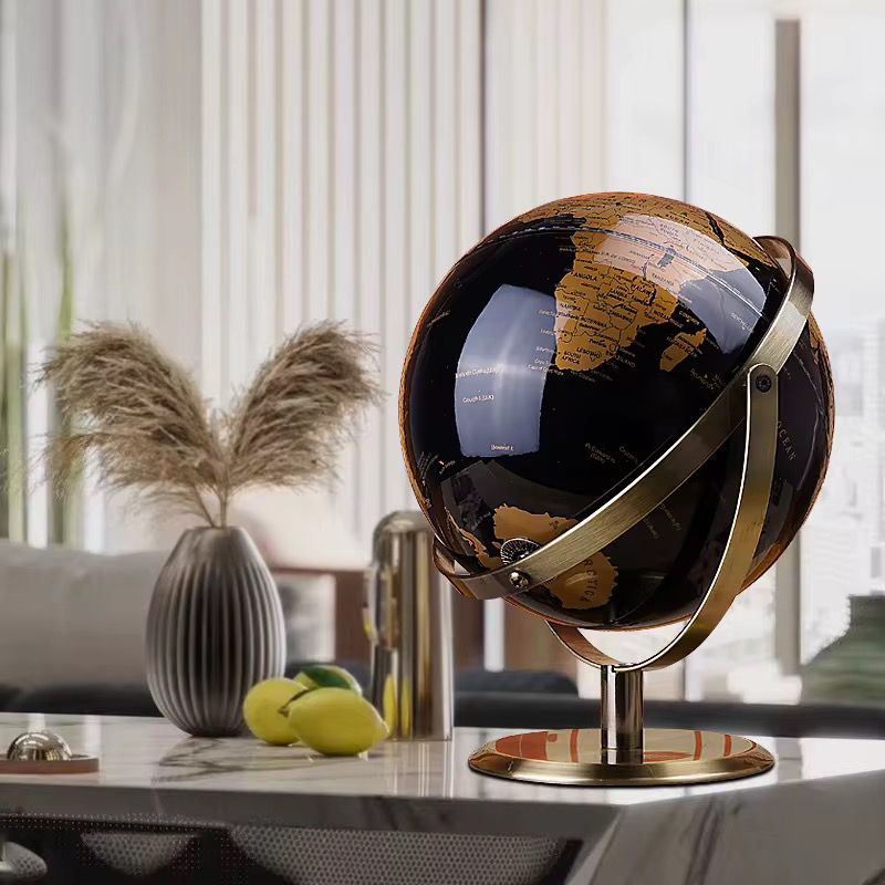 Desktop Figurines Rotating Retro Gold Black World Globe Metal Bracket Decor Desktop Decoration