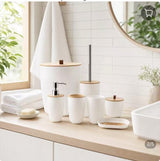 Ribbed Bathroom Accessories Set with Bamboo Lids — 7 Pieces