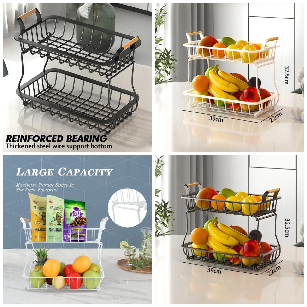 2 tier detachable Nordic metallic fruit/vegetable basket/rack with wooden handles and banana holder