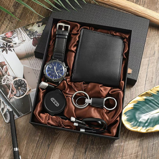 Sport Wristwatch Leather Folding Wallet USB Cable Keychain Gift for Men