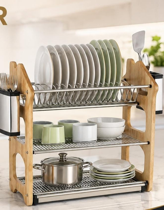 3-tier stainless steel and bamboo dish drying rack with plate slots, cutlery holders and drainage tray in Kenya