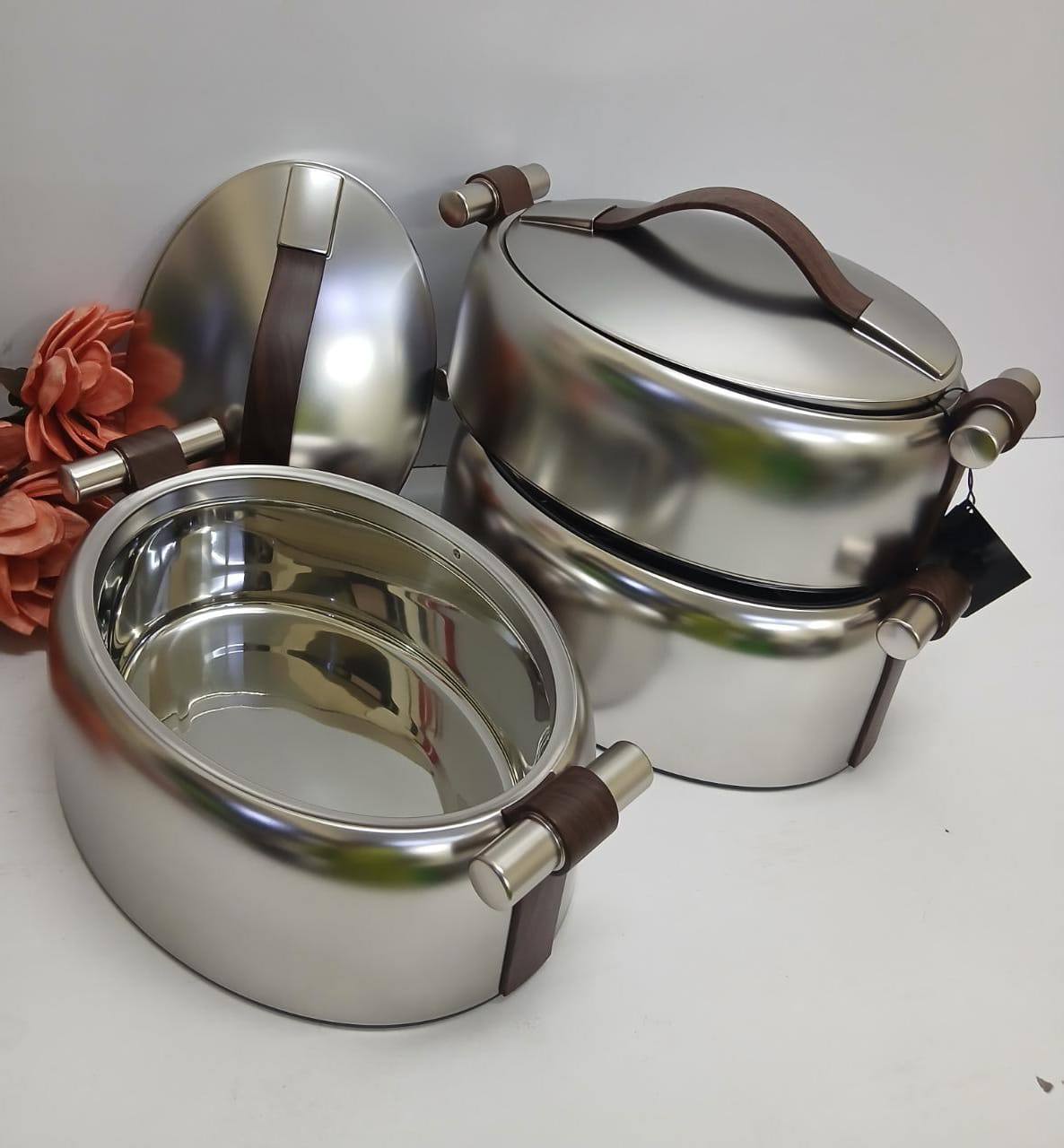 Hotpot set stainless steel mirror finish oval with open lid — iDecorators Kenya