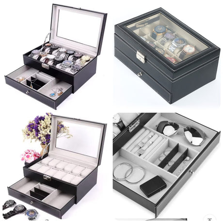 A black double layer watch organizer with a glass top, showcasing multiple compartments for watches, jewelry, and sunglasses with a lock key.