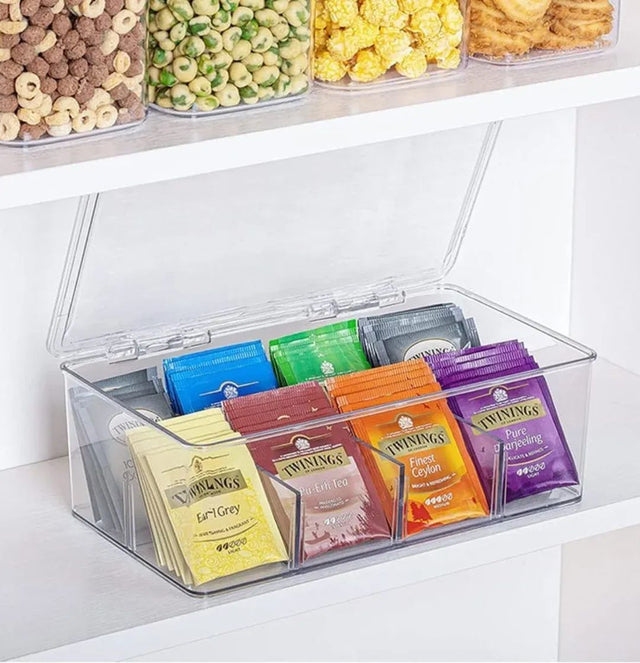 Acrylic Tea Bag Organizer with Lid | Partitioned Tea Sachet Storage Box grc