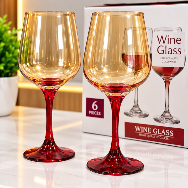 Gold Wine Glasses with Red Stem, 350ml — 6 Pieces spn
