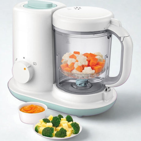 Baby food maker with ingredients and a bowl of puree on a white background