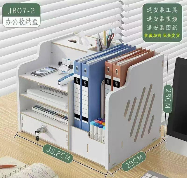 Bamboo Desk Organizer, Desktop Wood Bookshelf File Organizer, Pen Holder and Tissue Holder, 1 Drawer with lock for Office, Home