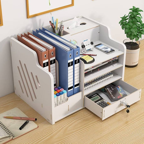 Bamboo Desk Organizer, Desktop Wood Bookshelf File Organizer, Pen Holder and Tissue Holder, 1 Drawer with lock for Office, Home