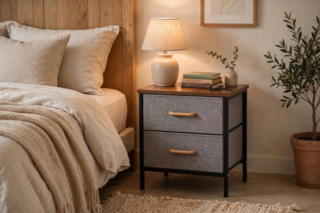 Bedside table grey fabric drawers wood finish top beside bed — iDecorators Kenya