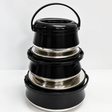Black 2-piece stainless steel insulated hot pot set with carrying handle for keeping food warm.