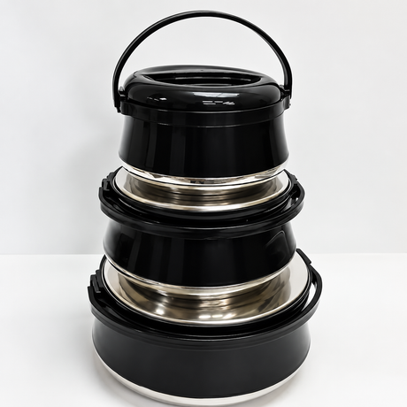 Black 2-piece stainless steel insulated hot pot set with carrying handle for keeping food warm.