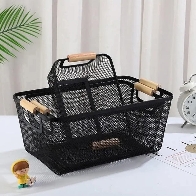 Black Mesh Plastic Storage Baskets with Bamboo Handles (Set of 3) njr