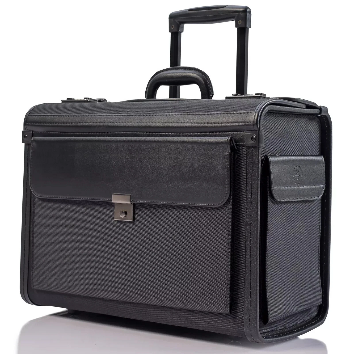 
Black rolling pilot briefcase trolley bag with extended telescoping handle, grey fabric body, black leather trim panels, front clasp pocket, and quick-access side pocket — professional business travel laptop case available at iDecorators Kenya, NairoBI