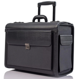
Black rolling pilot briefcase trolley bag with extended telescoping handle, grey fabric body, black leather trim panels, front clasp pocket, and quick-access side pocket — professional business travel laptop case available at iDecorators Kenya, NairoBI