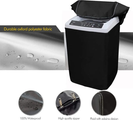 Black waterproof top load washing machine cover made from Oxford polyester fabric, size 58 × 61 × 96 cm.