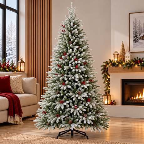 Christmas tree flocked green with pine cones and red berries in living room — iDecorators Kenya