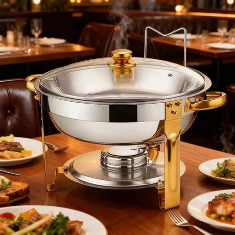 Elegant Round Stainless Steel Chafing Dish with Golden Accents