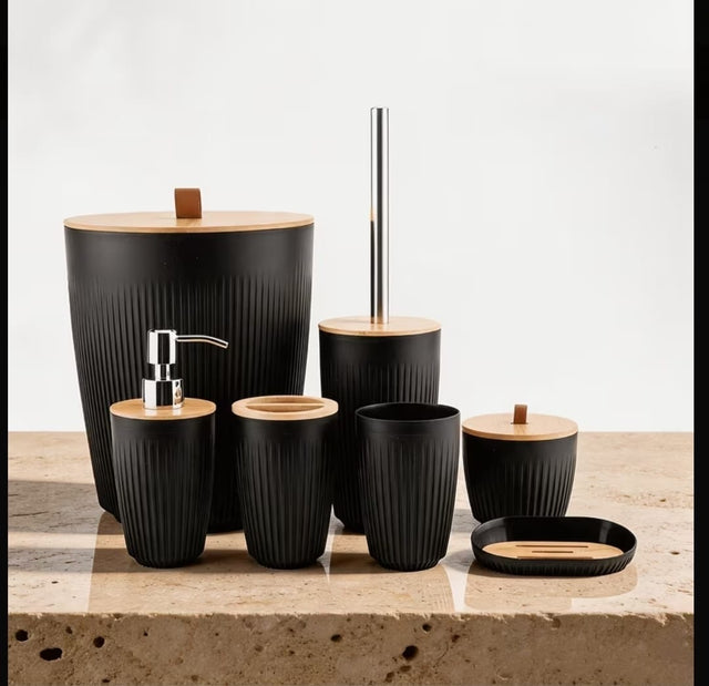 Black: Bathroom accessories set black ribbed with bamboo lids 7 pieces — iDecorators Kenya