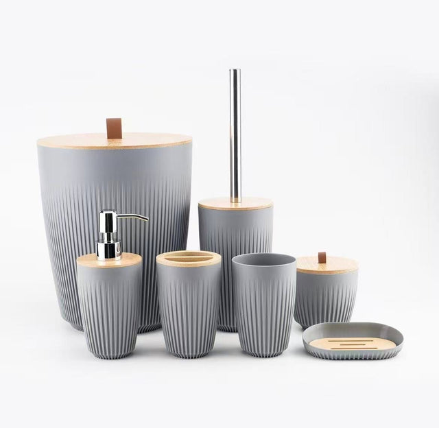 Grey: Bathroom accessories set grey ribbed with bamboo lids 7 pieces — iDecorators Kenya