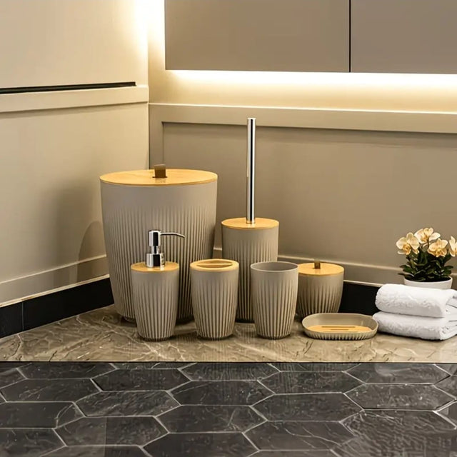 Taupe: Bathroom accessories set taupe ribbed with bamboo lids 7 pieces — iDecorators Kenya