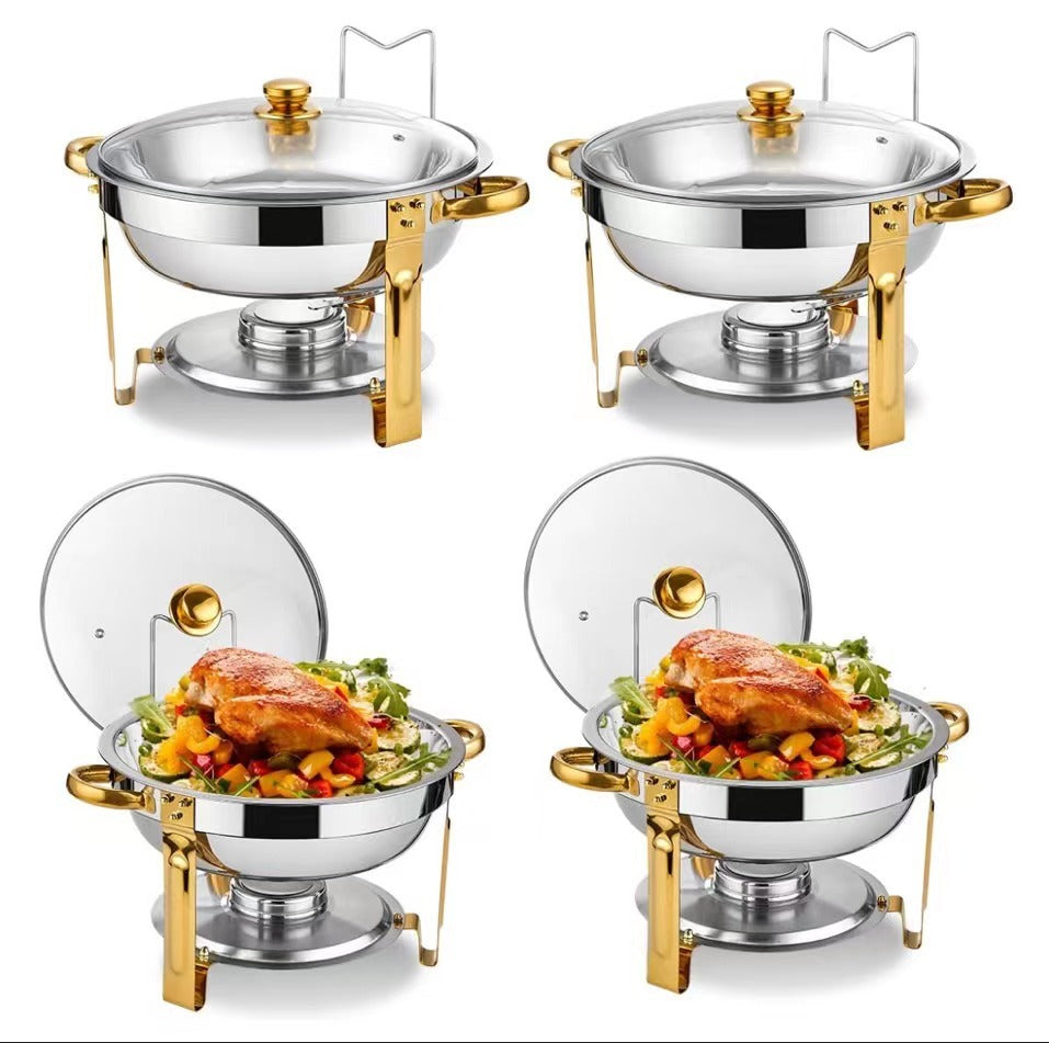 Elegant Round Stainless Steel Chafing Dish with Golden Accents
