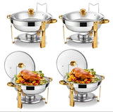 Elegant Round Stainless Steel Chafing Dish with Golden Accents