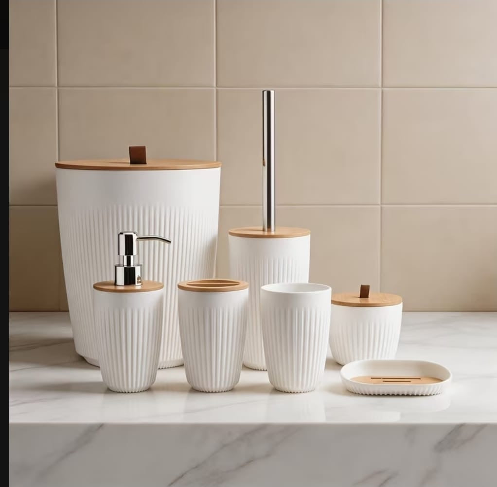 White: Bathroom accessories set white ribbed with bamboo lids 7 pieces — iDecorators Kenya