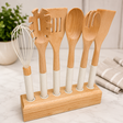6-piece wooden kitchen utensil set with cream handles, whisk, cooking spoons, spatulas and wooden storage holder