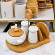 Ceramic Condiment &amp; Napkin Holder Set with Bamboo Stand – 5 Pieces