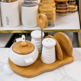 Ceramic Condiment &amp; Napkin Holder Set with Bamboo Stand – 5 Pieces