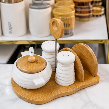 Ceramic Condiment &amp; Napkin Holder Set with Bamboo Stand – 5 Pieces