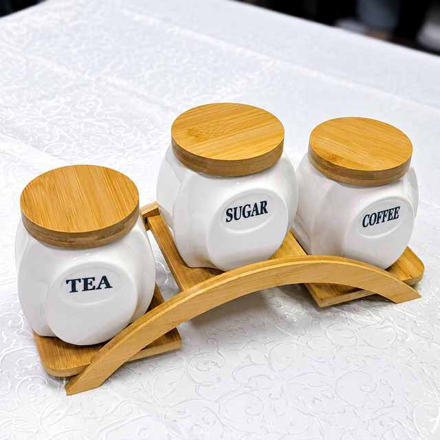 3-Piece Ceramic Kitchen Storage Jar Set with Bamboo Lids