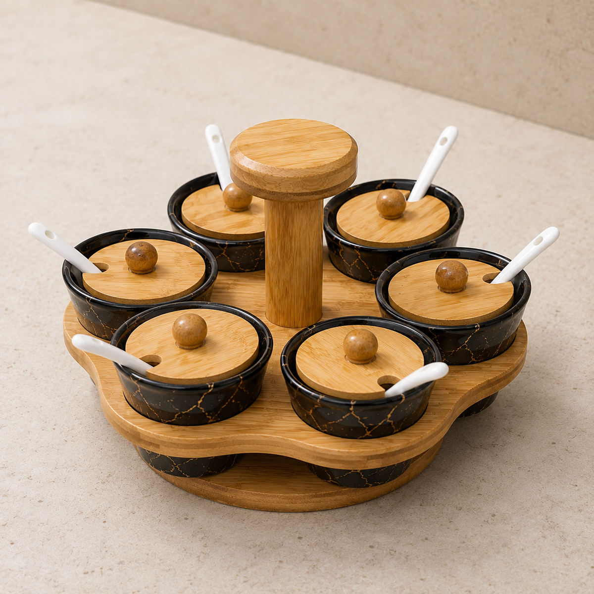 6-Piece Ceramic Spice Jar Set with Bamboo Rotating Stand & Spoons spn 