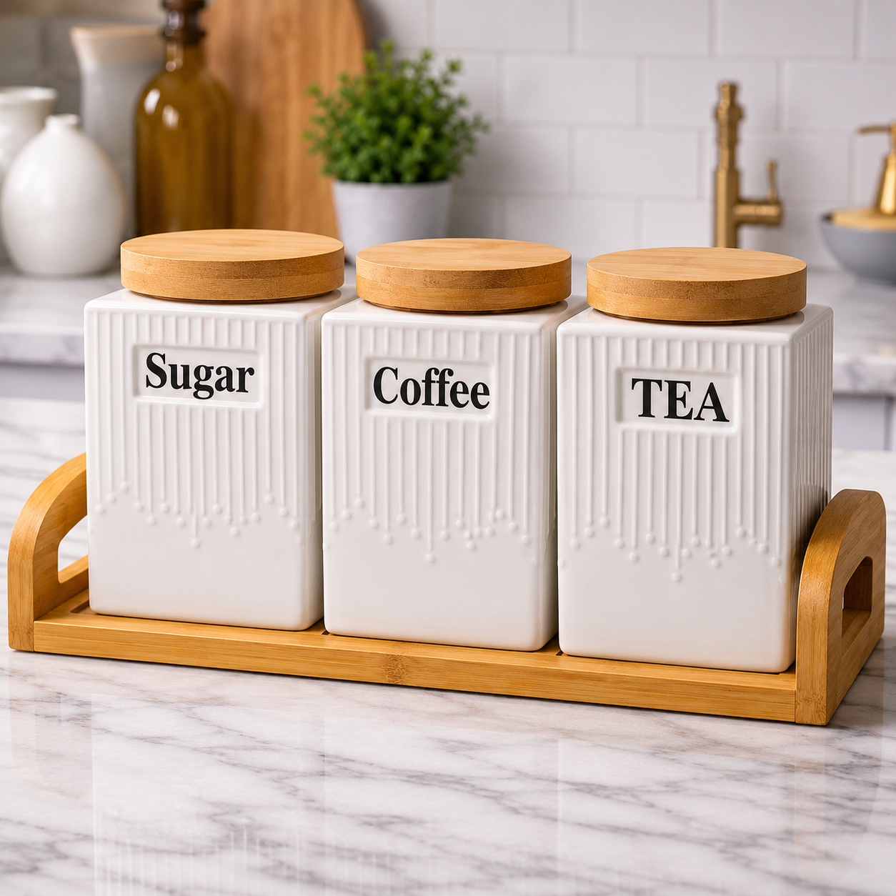 Ceramic Tea, Coffee & Sugar Canister Set with Bamboo Tray
