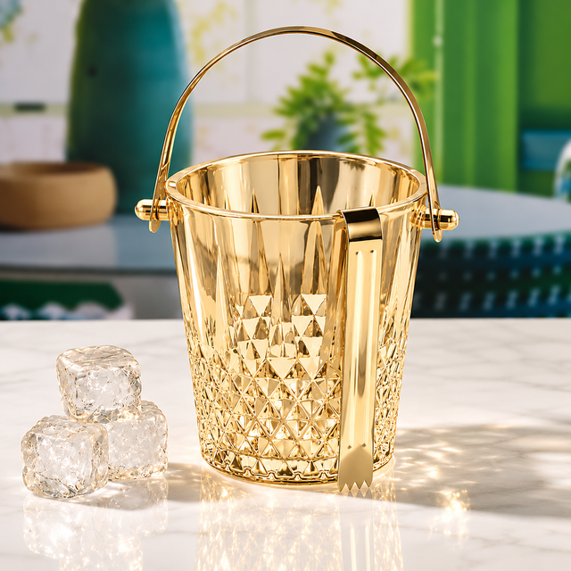 Gold Glass Crystal Ice Bucket with Metal Handle and Ice Tong — 900ml spn