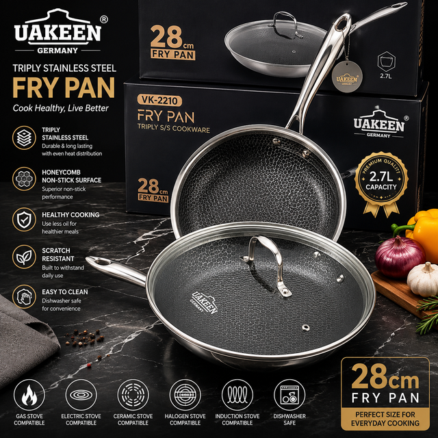 Uakeen 28cm Triply Stainless Steel Honeycomb Frying Pan with Glass Lid