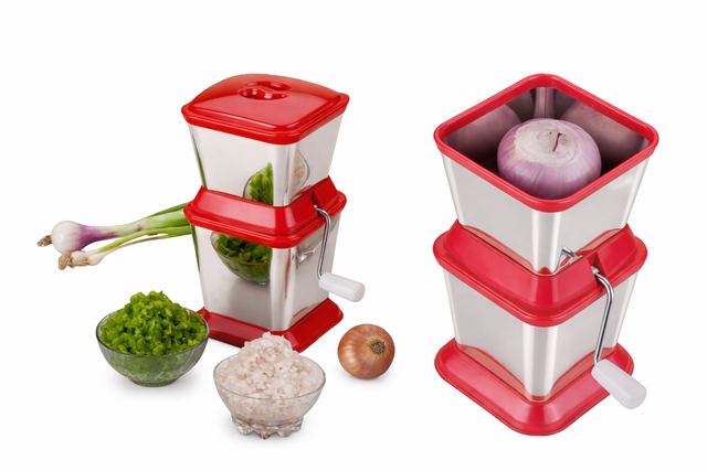 Manual stainless steel onion chopper with sharp blades and easy-turn handle for quick, uniform chopping of vegetables.