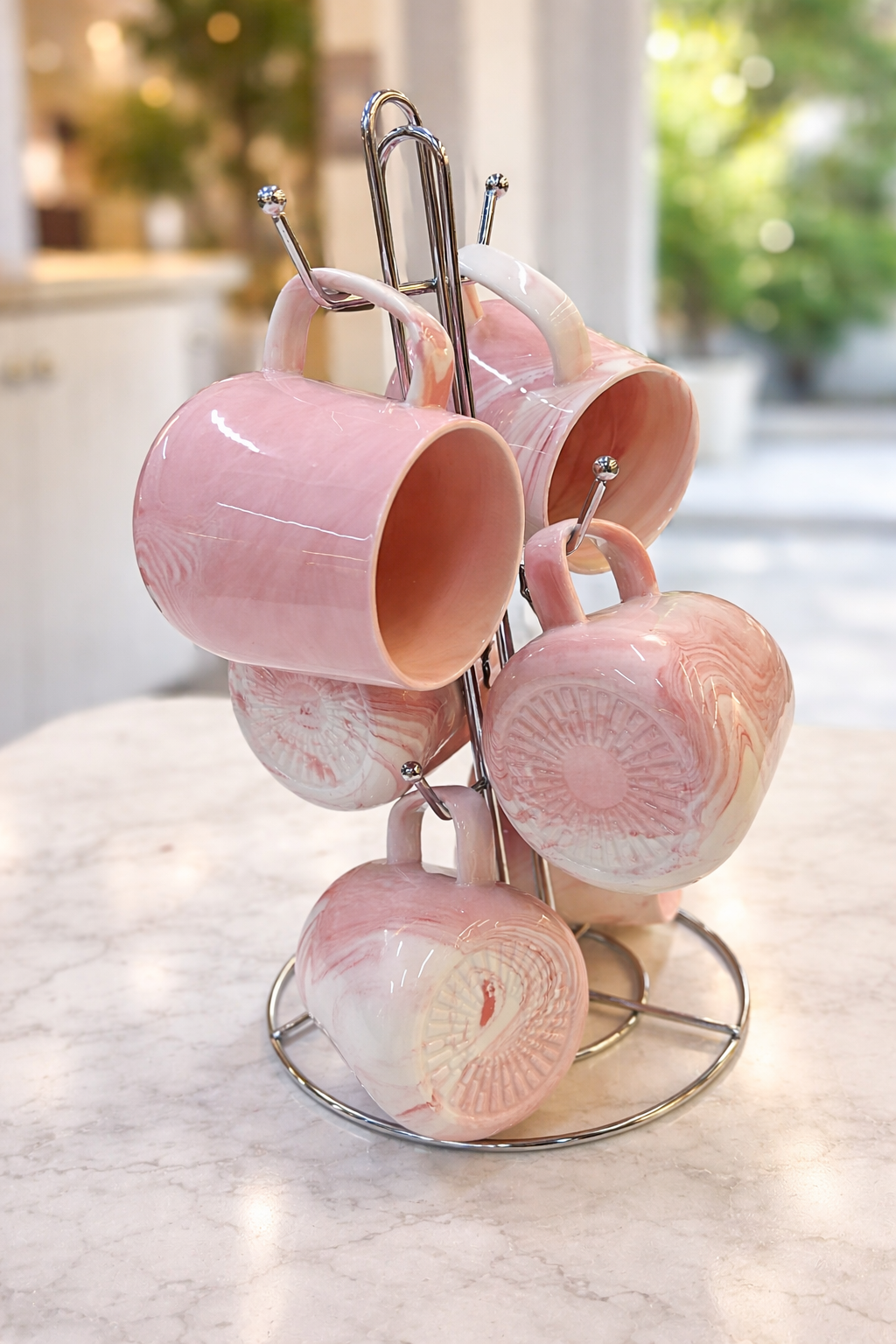 Marble Finish Ceramic Mug Set with Chrome Stand – Six Pieces