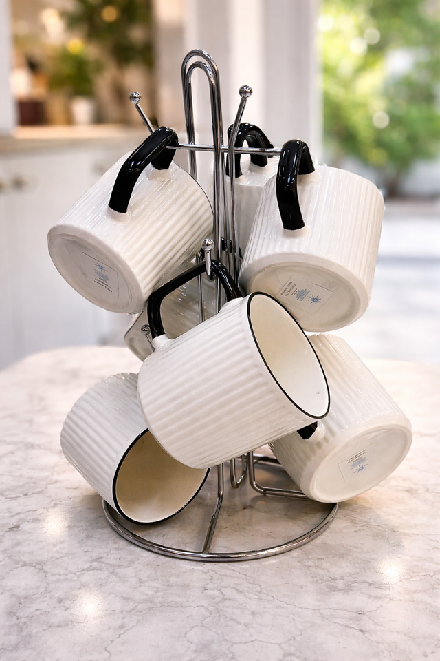 Ribbed White Ceramic Mug Set with Chrome Stand – Six Cups