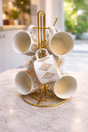 Geometric Pattern Ceramic Mug Set with Gold Stand – Six Cups