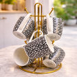 Geometric Square Pattern Ceramic Mug Set with Gold Stand – 6 Cups