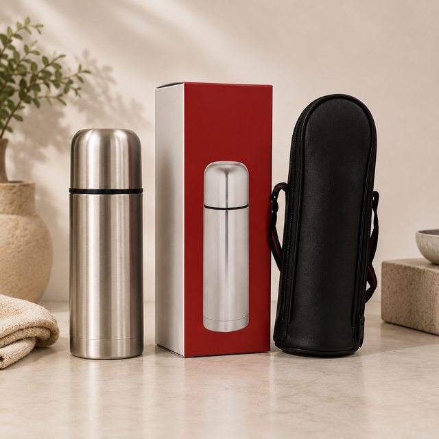 Signature 350ml stainless steel vacuum flask with insulated carry bag and retail packaging on a countertop.