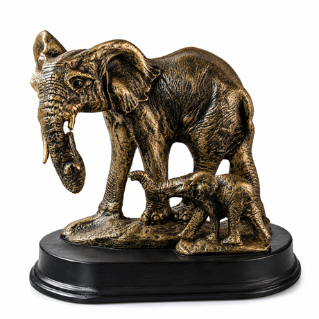 Luxury elephant family sculpture for home and office décor in Kenya. Elegant gold figurine symbolizing family, strength, love, and prosperity.