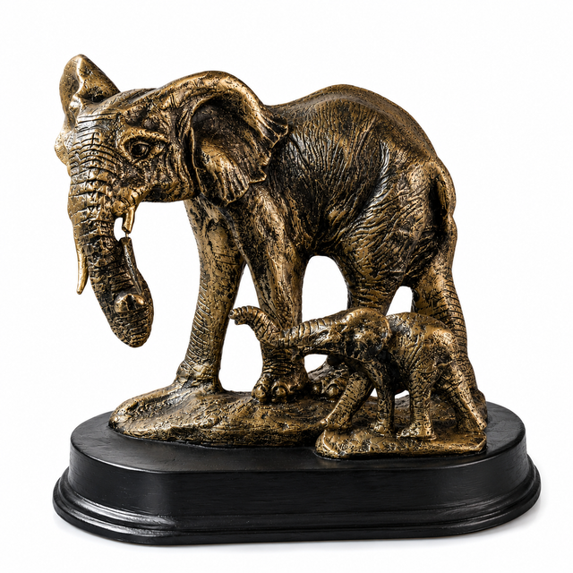 Luxury elephant family sculpture for home and office décor in Kenya. Elegant gold figurine symbolizing family, strength, love, and prosperity.