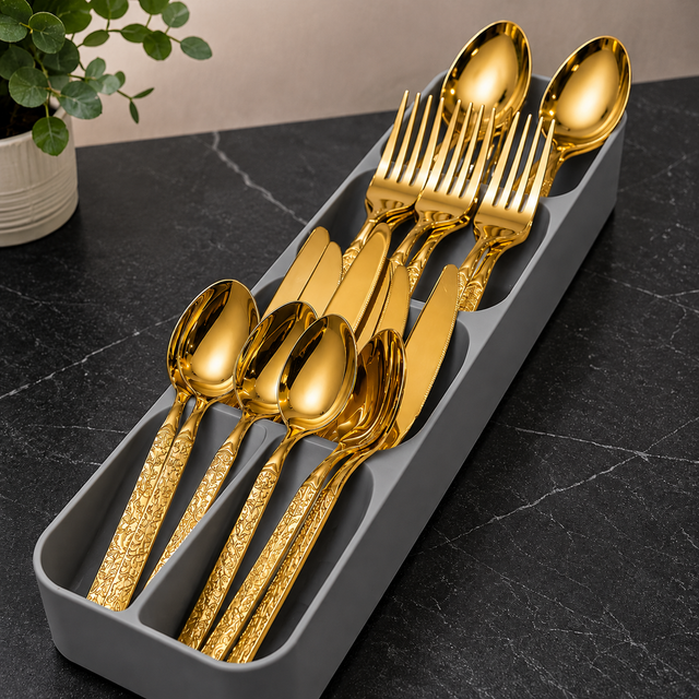 Premium Gold Cutlery Set with Holder (24pcs + Tray Organizer)