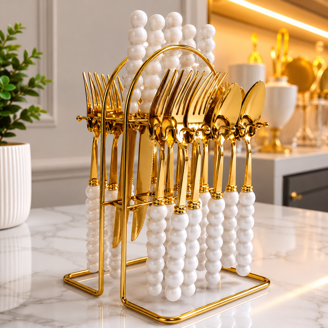 Luxury White Beaded Handle Gold Cutlery Set — 24-Piece with Stand