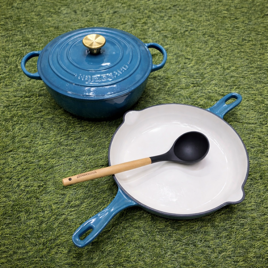 Enamel Cast Iron Cookware Set 3pcs – 28cm Casserole & Skillet with Gold Knobs
