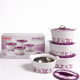 Set of white and purple patterned cookware with a Redberry branded box.