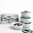 Set of ceramic containers with green floral pattern and Redberry packaging on a white background